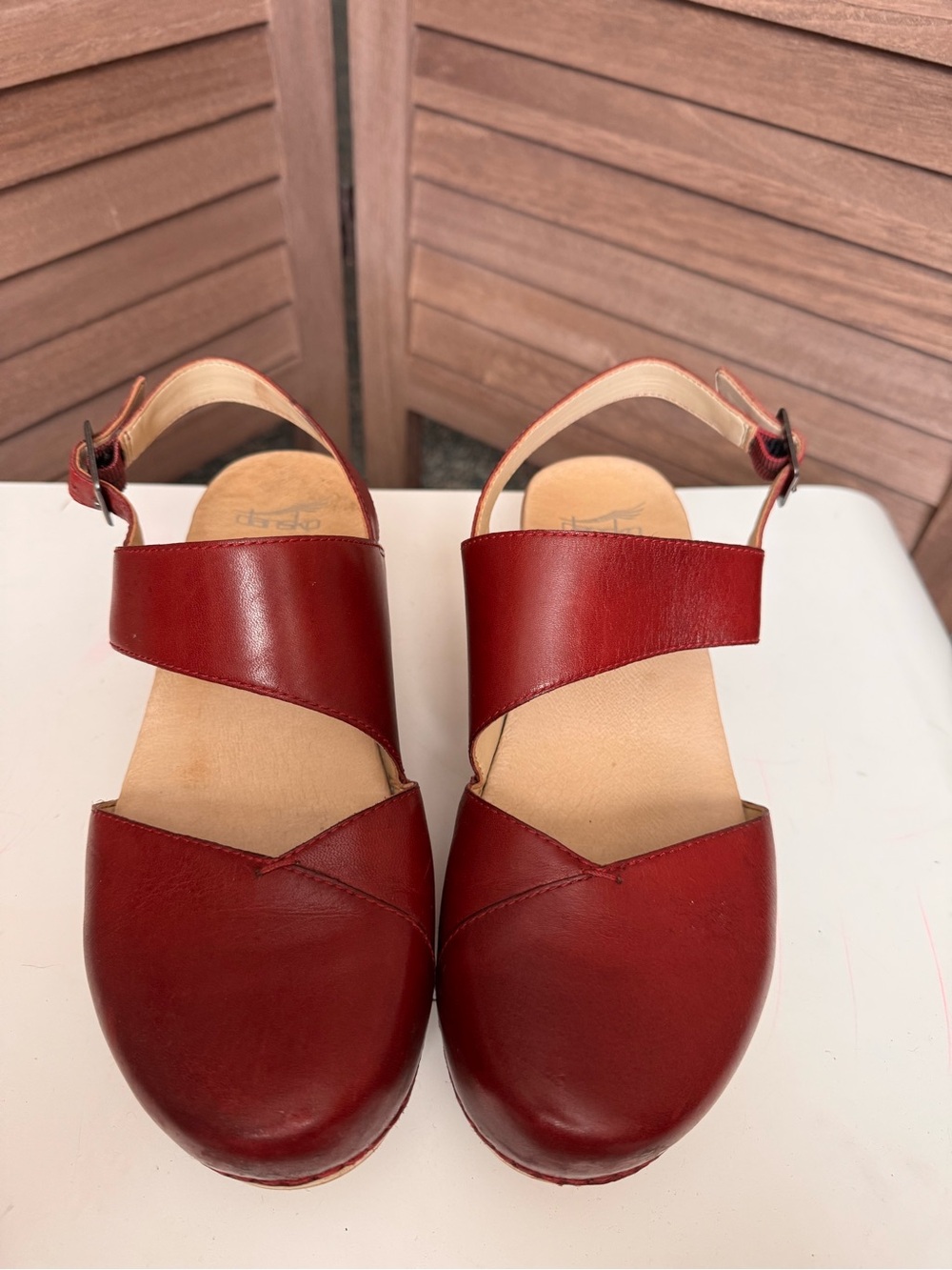 Dansko Women’s Red Leather Crossover Slingback Clogs